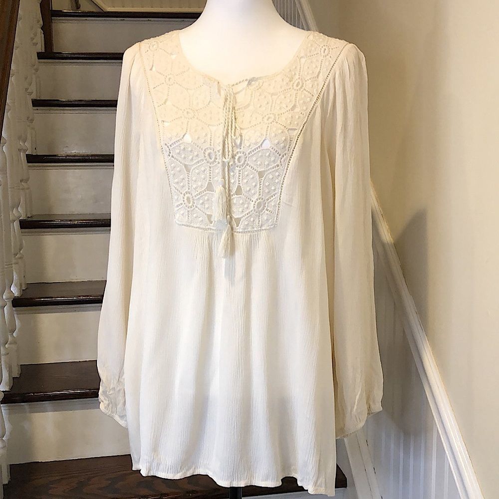 KRAZY KAT Women’s Ivory Crochet Tie Front 3/4 Sleeve Blouse Sz Large NWT